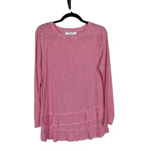 Mododoc Long Sleeve Stripped Scoop Neck Ruffled Mini Pink White Stripe Small